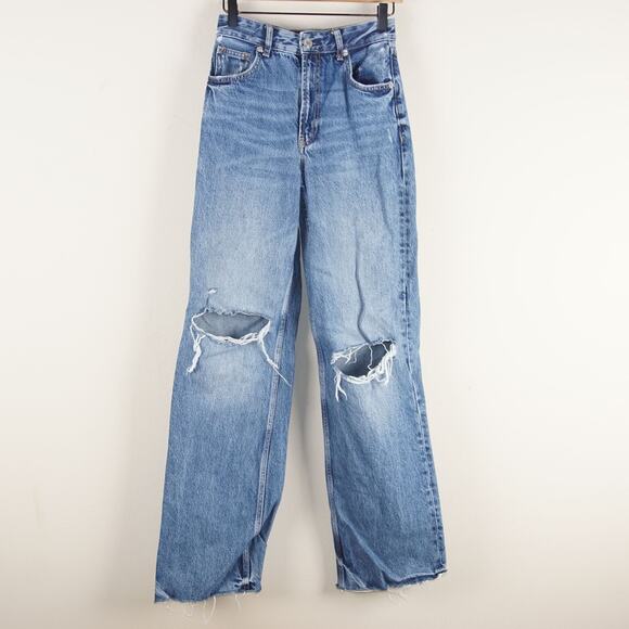 Zara Full Length Wide Leg Mid Rise Blue Raw Hem Ripped Jeans Womens Sz 4 - Picture 1 of 13